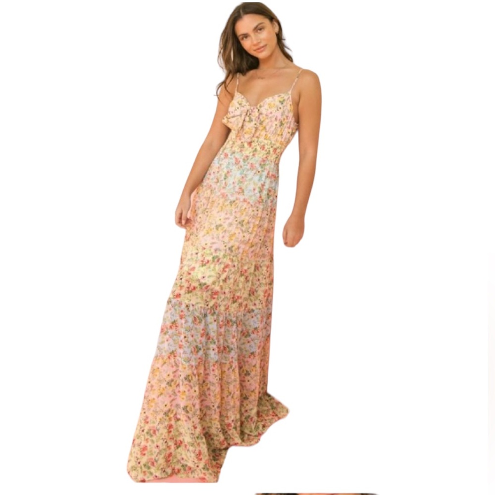 192. Women's Multi Floral Print Tiered Tie Maxi Dress NWT